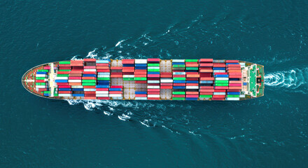 Aerial top down view container ship cargo sea ocean logistics transportation import export. Maritime shipping, global trade, freight transport concept.