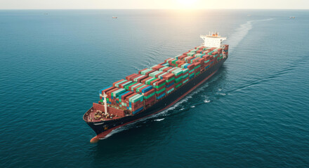 Container ship sailing towards sunset sunrise horizon ocean aerial view logistics trade. Golden hour shipping, maritime sunset, global logistics concept.