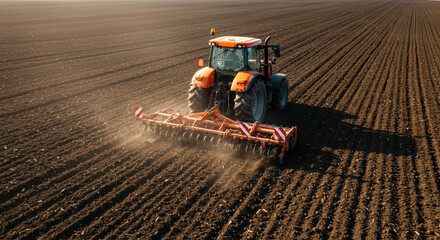 Agricultural tractor working field preparing soil planting season farming machinery equipment rural. Field preparation, planting season, farming equipment concept.