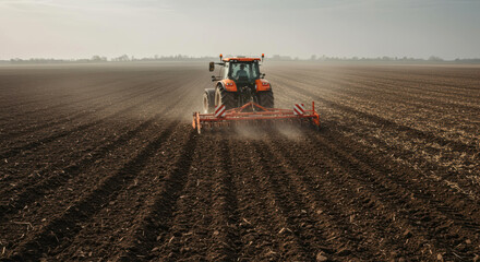 Tractor cultivating dry farm field under large sky agriculture soil preparation machinery work. Dry field cultivation, agriculture preparation, farm machinery concept.
