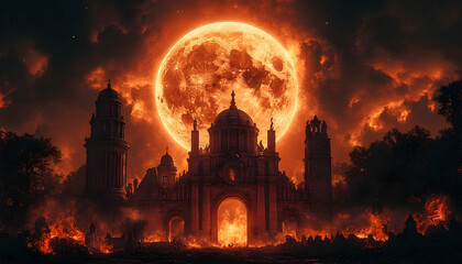 Fototapeta premium Fiery red moon over burning city