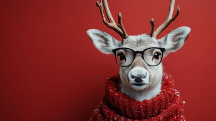 Festive reindeer wearing glasses and a cozy red sweater poses against a solid red background during the holiday season