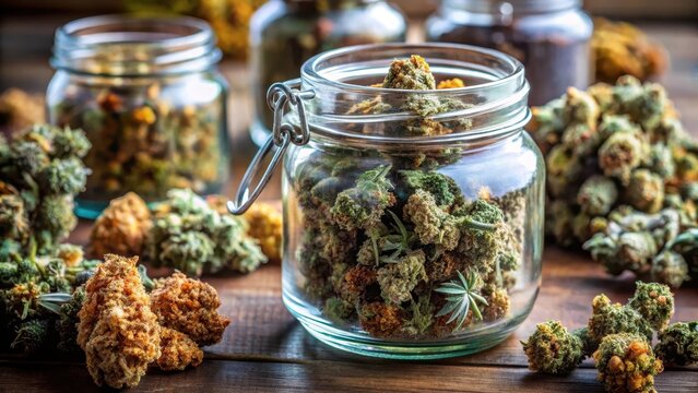 High-quality image of a jar filled with various types and colors of dried marijuana flowers arranged neatly in a decorative pattern , cannabis, weed