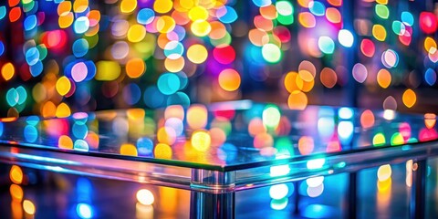 Close-up shot of a blurred background with vibrant colors and bokeh effect in a studio setting, featuring a modern glass table and a few scattered objects , close-up photography, bokeh effect