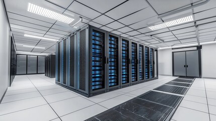 Futuristic server room with glowing orange and green LED lights across multiple server racks, great for concepts in cloud computing or digital hosting