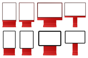 Set of black and red street billboards. City lightbox. Display panels isolated on a transparent background. Rectangular signposts. 3d mockup of a signboard