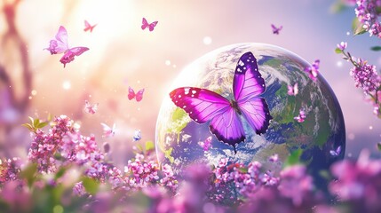 Purple butterflies flutter around Earth in a blooming, green floral landscape