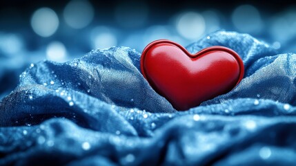 Fototapeta premium Heart-shaped decorative item resting on blue fabric with sparkling accents at night creating a romantic atmosphere