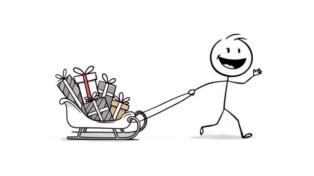 animated line figure character is pulling a gift train