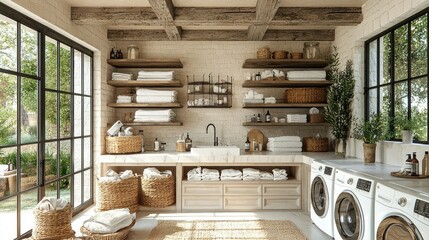 A bright and airy laundry room is clean and well organized