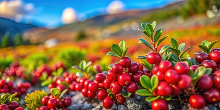 Close-up of vibrant red cowberries growing in the tundra, botanicals, alpine landscape,  botanicals