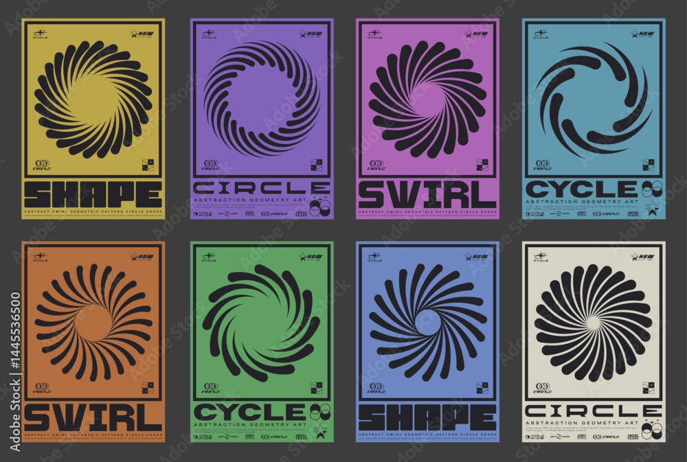 Poster set of circle sun shine abstract shape posters. swiss design placard. brutalist circular swirl forms