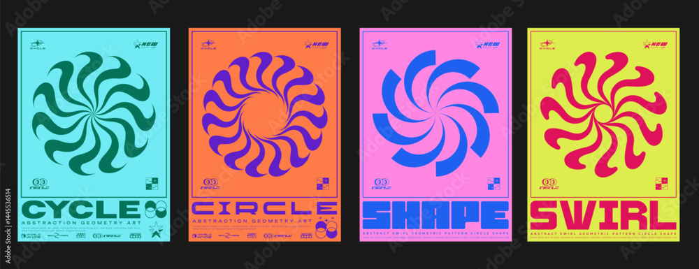 Aufkleber Set Of Circle Sun Shine Abstract Shape Posters. Swiss Design Placard. Brutalist Circular Swirl Forms. Geometric Optical Illusion Round Figure.