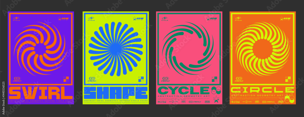 Poster set of circle sun shine abstract shape posters. swiss design placard. brutalist circular swirl forms