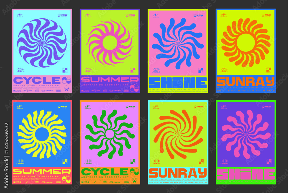 Poster set of circle sun shine abstract shape posters. swiss design placard. brutalist circular swirl forms