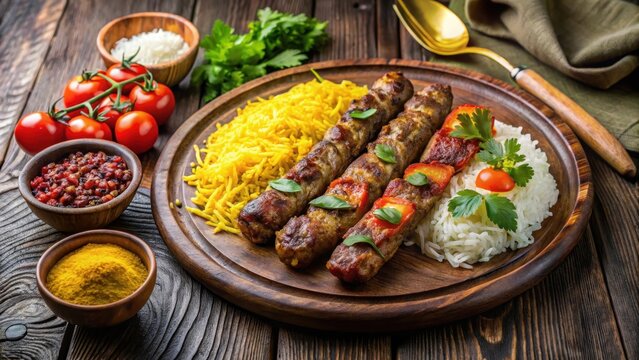 Traditional Iranian Chelo Kabab served with saffron rice and grilled meat on a wooden plate , Traditional Iranian food, kabab
