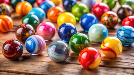 Group of colorful marble balls in various vibrant hues scattered on a wooden table, colorful accents, colorful balls
