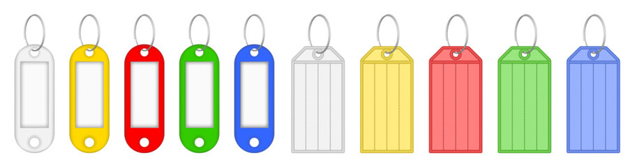 Set of multicolored key tags with split ring and window. White, yellow, red, blue and green labels. Keyring, keychain