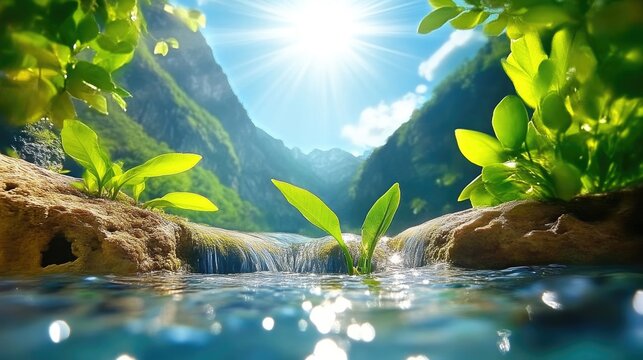 Serene mountain stream cascading through lush greenery. Sunlight illuminates vibrant foliage and rocky terrain