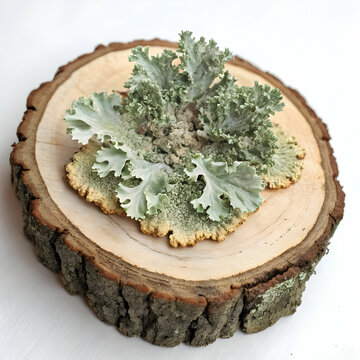 close-up of parmelia sulcata lichen on wooden surface isolated on clean white backdrop