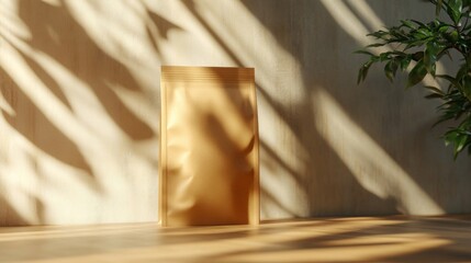 Kraft Paper Coffee Bag Mockup on Wooden Table with Sunlight Shadows