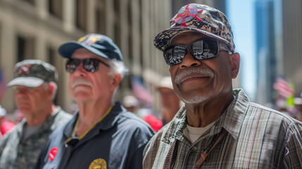 A photo of diverse veterans marching side-by-side during the Memorial Day Parade around noon