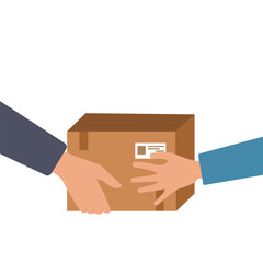 Human hands carrying a cardboard box .Shipping packages delivery parcel box. Vector illustration