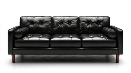 A stylish black leather sofa with tufted cushions and wooden legs