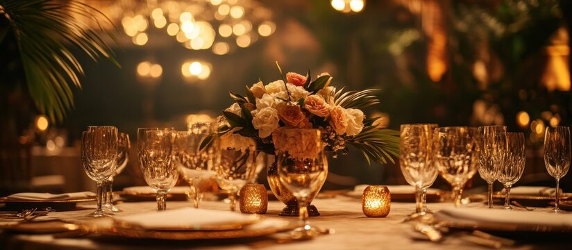 Elegant and sophisticated formal dining table setting with fine tableware flowers and candles perfect for a celebratory occasion such as a wedding anniversary or birthday party