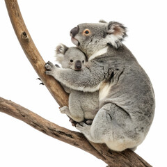 Adorable mother koala embracing her baby on a tree branch with a white background