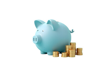 A light blue piggy bank with stacks of gold coins on a black background in a studio shot