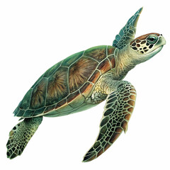 close-up of a sea turtle on white backdrop highlighting its intricate shell patterns