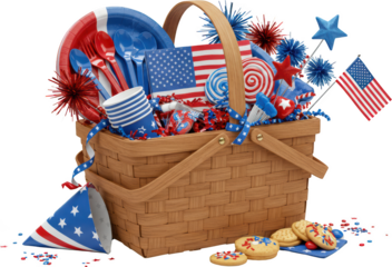 Festive Fourth of July Picnic Basket Patriotically Themed Party Supplies and Treats