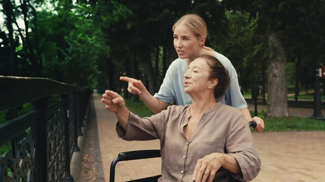 Smiling woman walking with mother wheelchair user in park, enjoying quality time