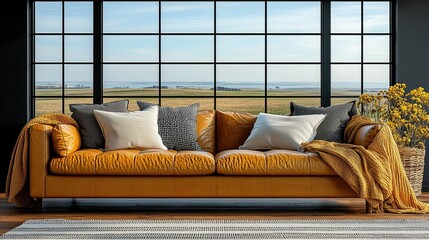 A comfortable sofa sits before a beautiful landscape vista view