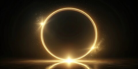 Golden light circle illuminates a serene black background, creating an otherworldly ambiance with intricate radiations and subtle gradient effects, abstract, golden light