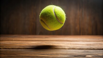 A tennis ball bounces high on a hard, wooden surface with minimal distractions in the background, showcasing its aerodynamics and bounce properties , sport equipment, exercise
