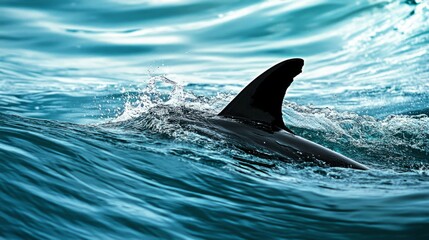 Obraz premium Dark Shark Fin Emerging From Teal Ocean Waves