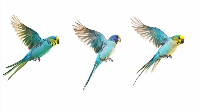 Three colorful budgies in flight against a pure white background.