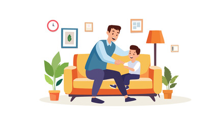 Father and Son Playing in Cozy Living Room – Family Time Illustration