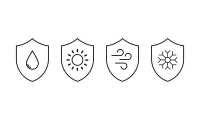 Minimal black line icons of four shields featuring water, sun, wind, and snow symbols, representing protection against weather elements like moisture, heat, air, and cold.