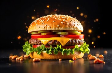 Mouthwatering cheeseburger with fresh toppings on a dark background