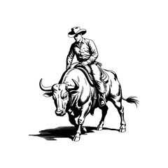 A black vector silhouette shows a wild bull and a horse illustration, evoking rodeo and equestrian art