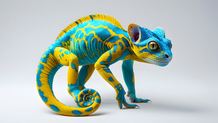 colorful panther chameleon with striking yellow and blue scales isolated on clean white background