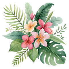 Delicate watercolor tropical flowers and green leaves arrangement isolated on clean white backdrop