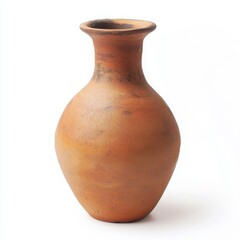 Earthenware vase with narrow neck and round body on white background
