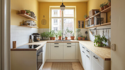 Cozy Kitchen Space: A light-filled kitchen showcases wooden countertops, a modern stove, and open shelving adorned with vibrant potted plants, creating a harmonious blend of functionality and style.
