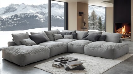 A comfortable gray modular sofa is in a modern living space