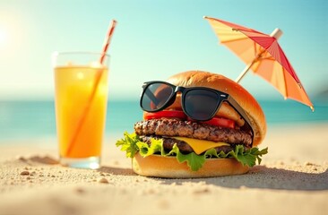 Delicious burger wearing sunglasses and enjoying a sunny beach day with a refreshing drink
