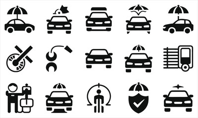Vector of Black and White Car Protection and Maintenance Icons/This vector showcases a set of black and white icons related to car protection and maintenance.